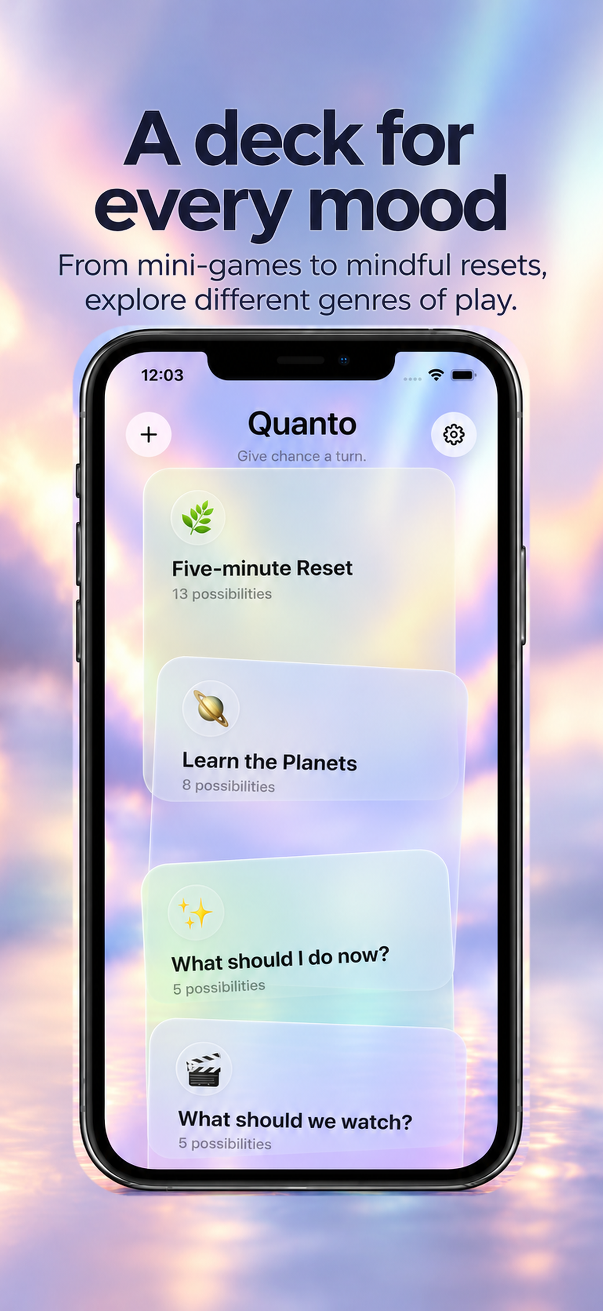 Quanto main deck with cards for a reset, learning about planets, and everyday choices
