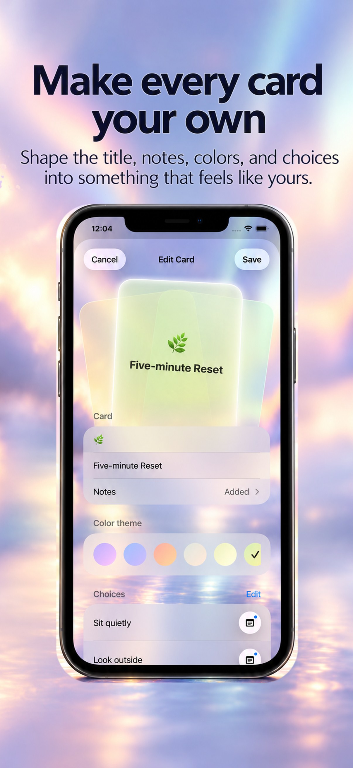 Quanto card editor with title, color themes, and editable possibilities