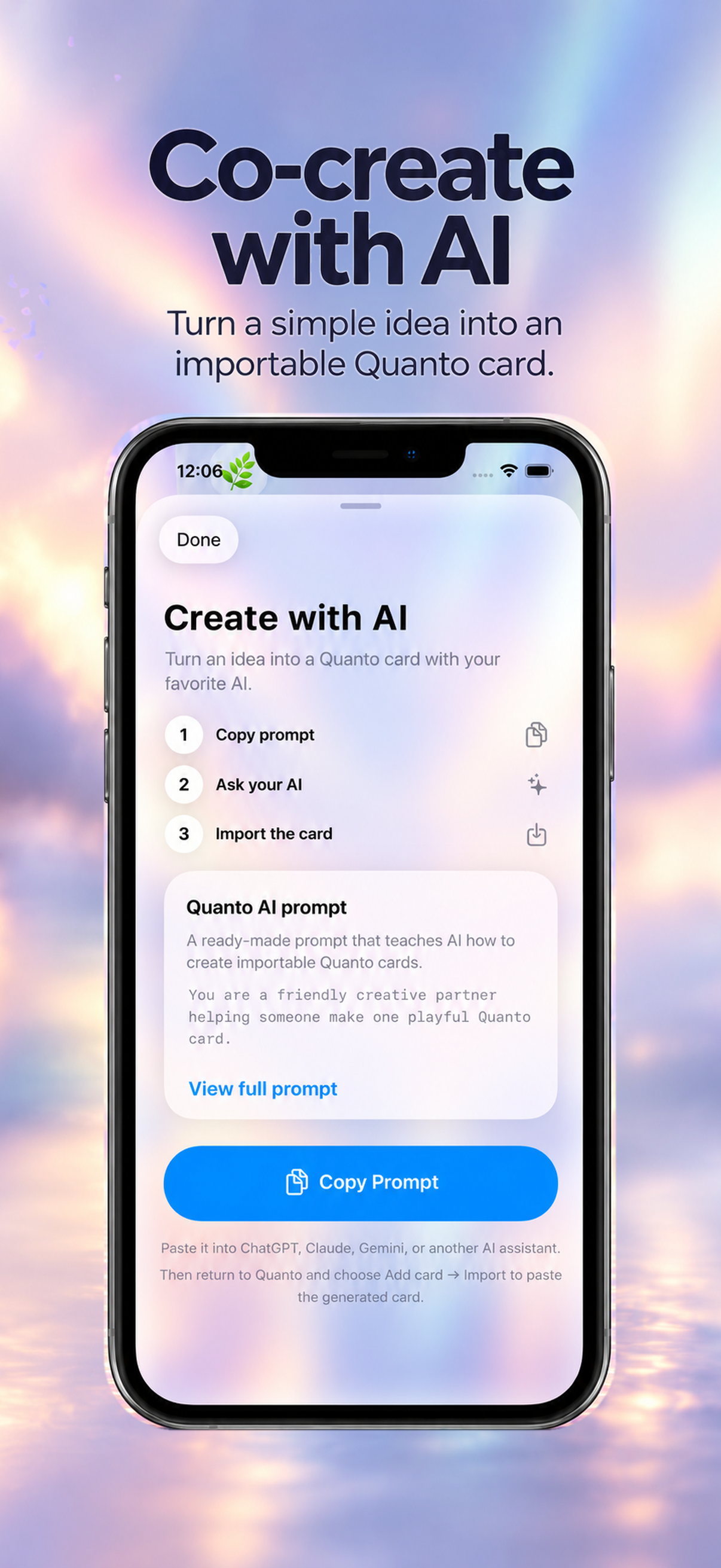 Quanto instructions for creating and importing a card with an AI assistant