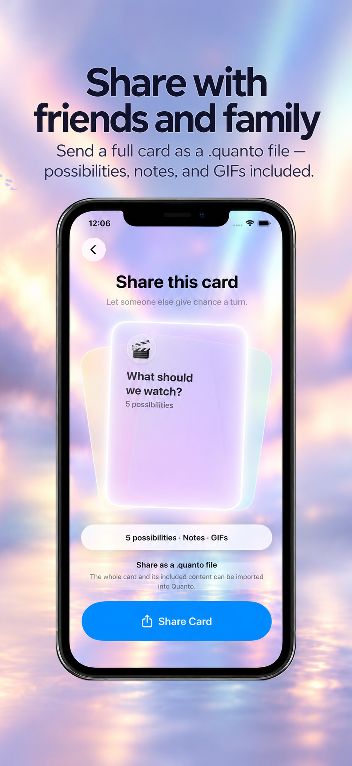 Quanto sharing screen for sending a complete card to friends and family
